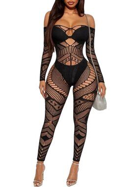Women's Black 2 Exotic Tights Soft Nightwear Lingerie Fishnet Body Stocking Suit